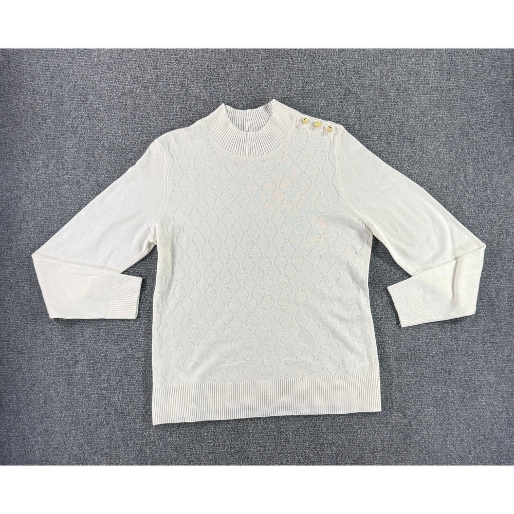 Love‎ Scarlett Womens White Diamond Pointelle Mock Neck Sweater Gold Button